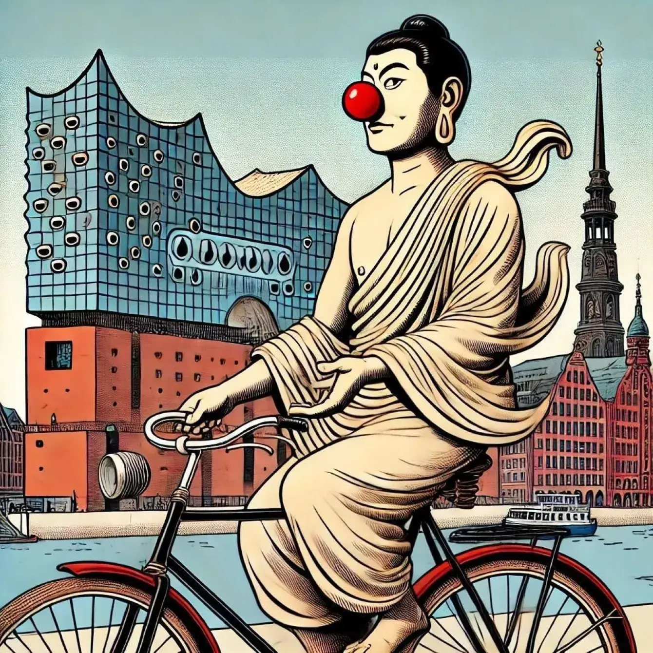 Buddha mit Clownsnase fährt Fahrrad