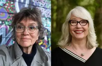 Zwei Brillen tragende Frauen nebeneinander porträtiert.