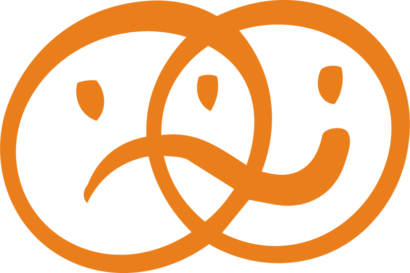 Zwei verbundene, lächelnde Gesichter als Symbol.